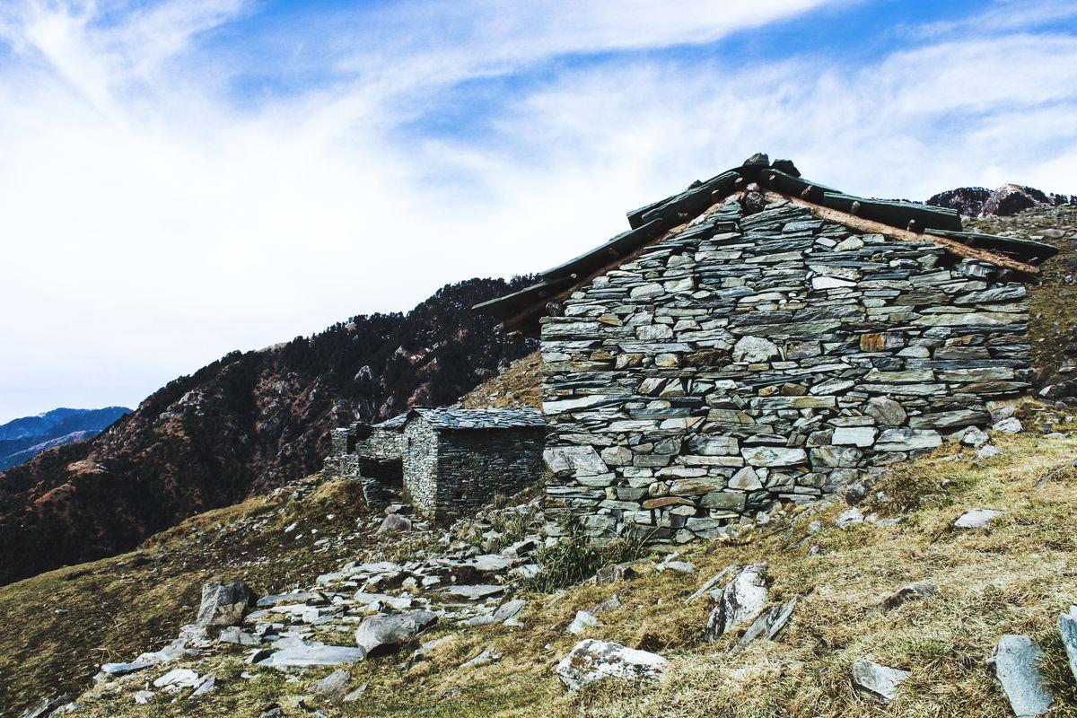 Stone masonry at the top of a mointain in Himachal Pradesh,India.